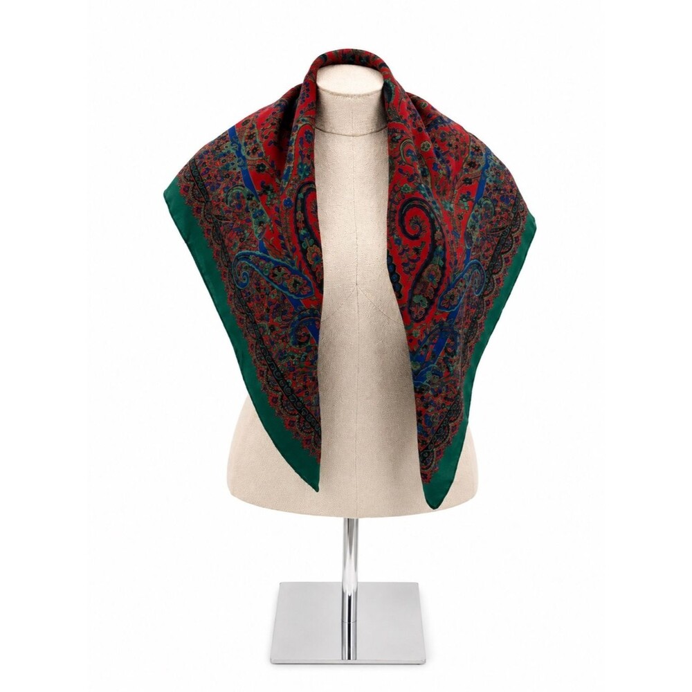 Unbranded Vintage Red Green Paisley Square Scarf Boho Accessory